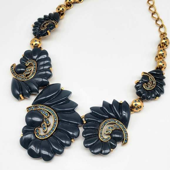 Oscar de la Renta Swarovski Crystal and Teal Resin Paisley Statement Necklace - Picture 7 of 11